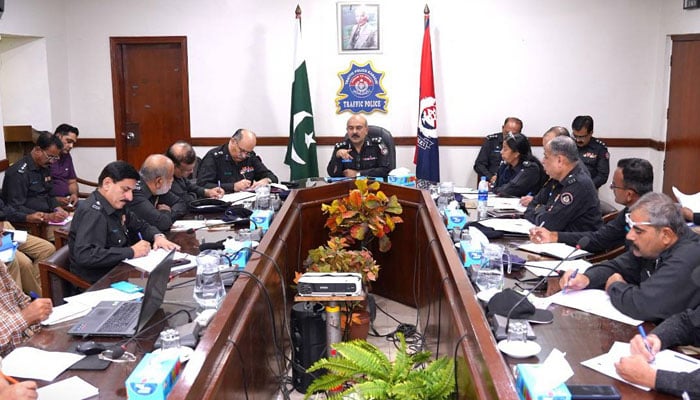 DIG Traffic Police Karachi Ahmed Nawaz chairs a meeting to review the traffic arrangements for the upcoming IDEAS 2024 exhibition on November 13, 2024. — Facebook@karachitrafficpoliceofficial