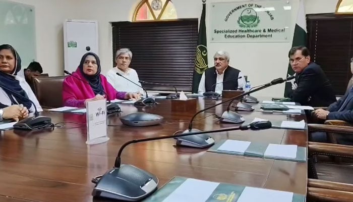 Punjab Health Minister Khawaja Salman Rafique chairs an important meeting of the (IBTS) in the Department of Specialised Healthcare and Medical Education on November 13, 2024. — Screengrab via Facebook@SalmanRafiquePK