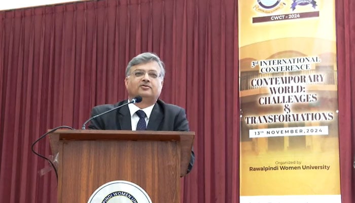 Participant addresses the third International Conference on Social Sciences titled ‘Contemporary World Challenges and Opportunities’ on Novmber 13, 2024. — Screengrab via Facebook@rawalpindiwomenuniversity