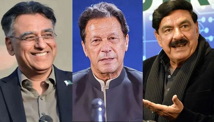 (Left to right) Former PTI leader Asad Umar, PTI founder Imran Khan and former minister Sheikh Rashid. — X/PTI Instagram/INP/file