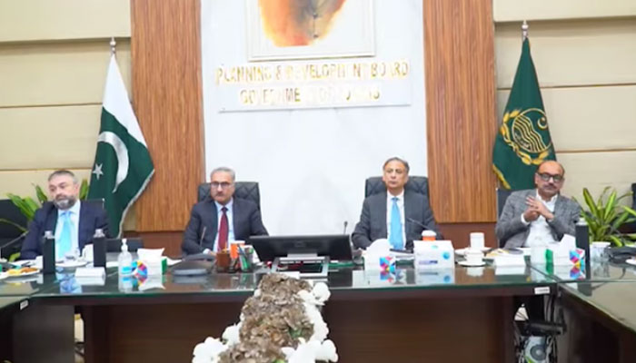 (from right) Chairman P&D Board Barrister Nabeel Ahmad Awan, Punjab CS Zahid Akhtar Zaman and Federal Secretary EAD Dr Kazim Niaz preside over a review meeting on progress of foreign-funded projects in the province on November 14, 2024. — Screengrab via Facebook@PnDBPb