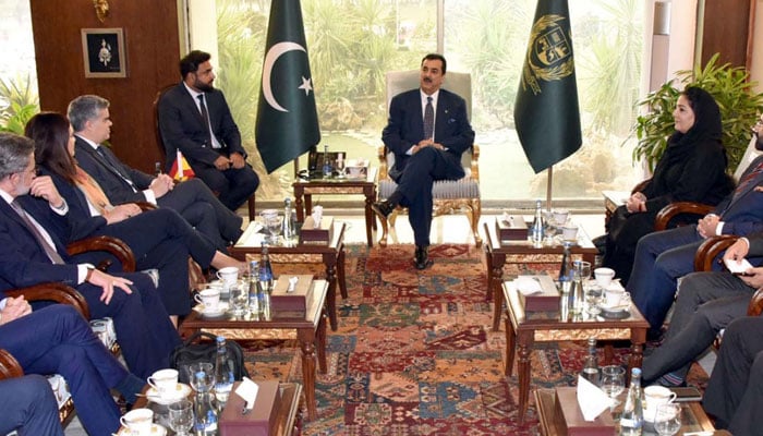 Chairman Senate Syed Yousaf Raza Gilani exchanges views with members of the parliamentary delegation of the Spanish Senate during a meeting at Parliament House in Islamabad on November 14, 2024. — PPI