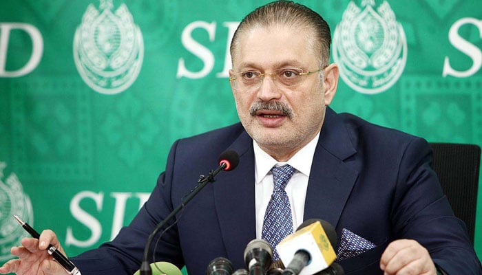 Senior Minister for Transport & Mass Transit, Excise & Taxation, Narcotics Control and Information Sharjeel Memon addresses to media persons during a press conference, in Karachi on November 14, 2024. — PPI