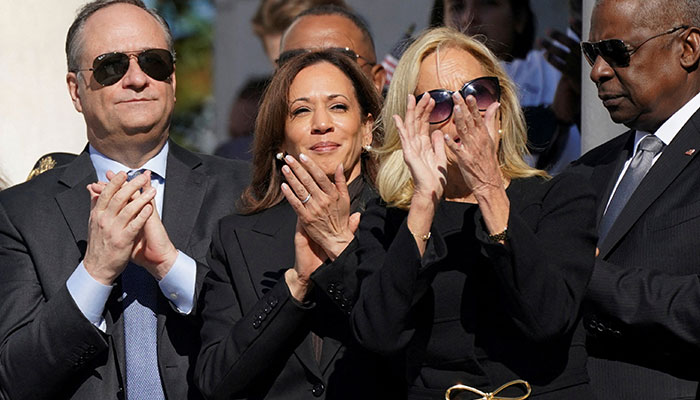 US Vice President Kamala Harris, US first lady Jill Biden, second gentleman Doug Emhoff and Defense Secretary Lloyd Austin listen to US President Joe Biden remarks during a wreath laying ceremony on Veterans Day at Arlington National Cemetery in Arlington, Virginia, US, November 11, 2024. — Reuters