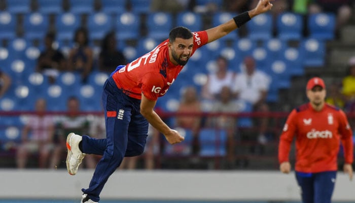 Saqib Mahmood of England bowling against West Indies on November 15, 2024. — AFP