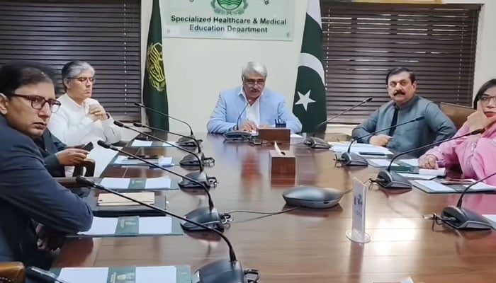 Punjab Health Minister Khawaja Salman Rafique chairs a review meeting regarding the AVH block of Mayo Hospital and other revamping projects in the Department of Specialised Healthcare and Medical Education on November 15, 2024. — Screengrab via Facebook@SalmanRafiquePK