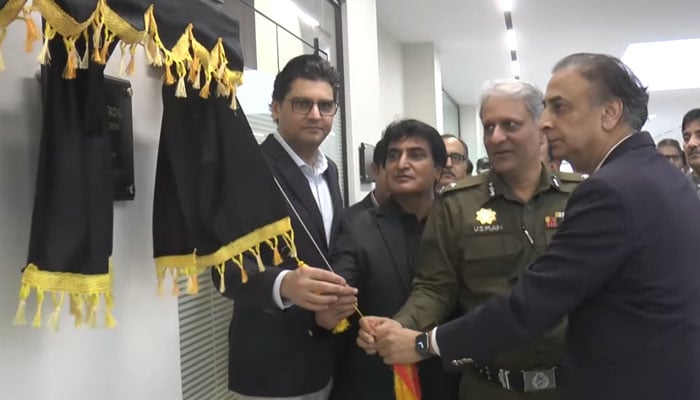 (from right to left) Punjab Chief Secretary Zahid Akhtar Zaman, IG Punjab Dr Usman Anwar, Home Secretary Noor-ul-Amin Mengal and Finance Secretary Mujahid Sherdil unveil the plaque of  Khalid Sherdil Shaheed on November 15, 2024. — Screengrab via Facebook@ChiefSecretaryPunjab