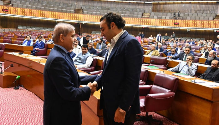 PM Shehbaz Sharif (left) shakes hands with PPP Chairman Bilawal Bhutto-Zardari in the National Assembly on October 21, 2024. — Facebook@NationalAssemblyOfPakistan