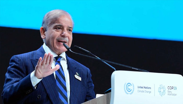 Prime Minister, Muhammad Shehbaz Sharif addresses during the COP29 Climate Action Summit, held in Baku on Wednesday, November 13, 2024. — PPI