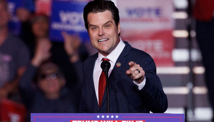 Republican US Representative Matt Gaetz speaks at a campaign rally for Republican presidential nominee and former US President Donald Trump in Henderson, Nevada US October 31, 2024. — Reuters