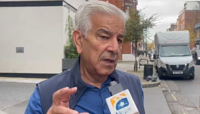 Defence Minister Khawaja Asif speaking during an interview with Geo News in London. — Screengrab via Geo News video/File