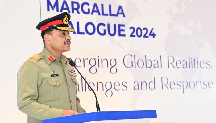 Chief of Army Staff (COAS) General Asim Munir addresses the special ceremony of Margalla Dialogue 2024, Islamabad, November 15, 2024. — ISPR