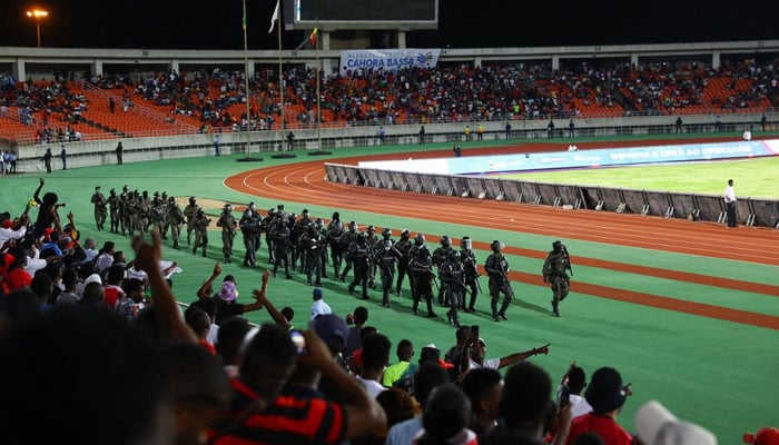 Riot police arrive during the Africa Cup of Nations qualifier soccer match between Mozambique and Mali at Zimpeto National Stadium in Maputo, Mozambique on November 15, 2024. —Reuters