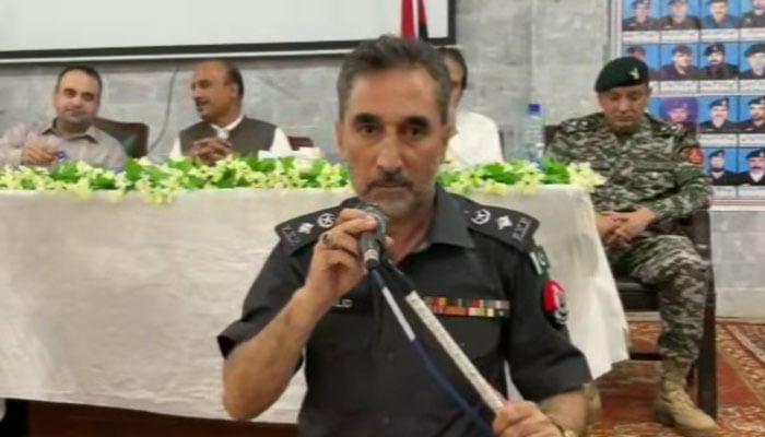 In this image released on August 4, 2024, District Police Officer (DPO) Hangu, Muhammad Khalid addresses an event.  — Screengrab via Facebook@muhammadkhalid.khalid.733