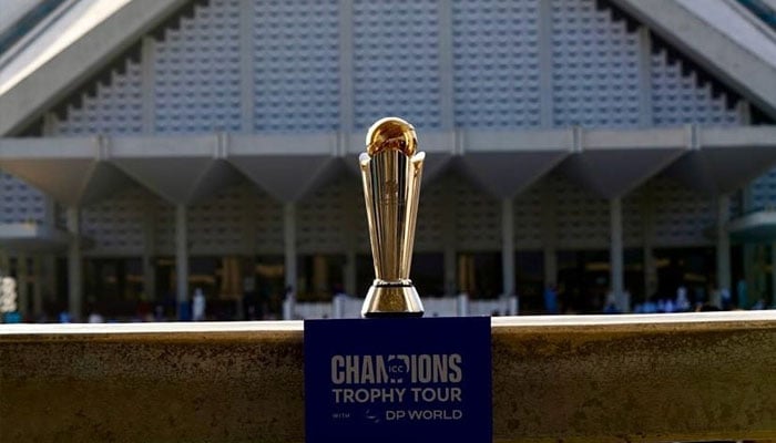 ICC Champions Trophy displayed at the Faisal Mosque Islamabad. — PCB website/file