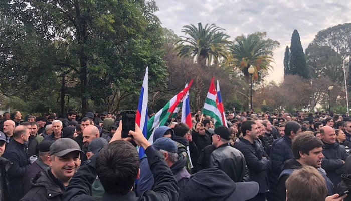 Protesters rally outside the parliament building in Sukhumi (Sukhum), the capital of Georgias breakaway region of Abkhazia November 15, 2024. — Reuters