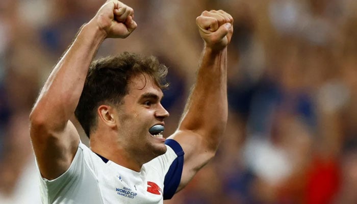 Frances Damian Penaud celebrates after France beat New Zealand at the Rugby World Cup.— Reuters