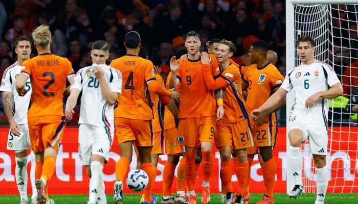 Netherlands football team celebrateing scoring their second goal.— Reuters/File