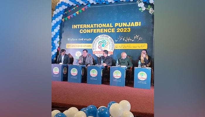 Participants speak in a panel discussion of the International Punjabi Conference at the UOP on January 29, 2024. — Screengrab via Facebook@ANJUMGILLPK