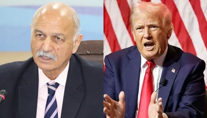 This combo of images shows, former Senator Mushahid Hussain Sayed (left) and US President-elect Donald Trump. — Facebook@Institute.of.Strategic.Studies.Islamabad/AFP/File