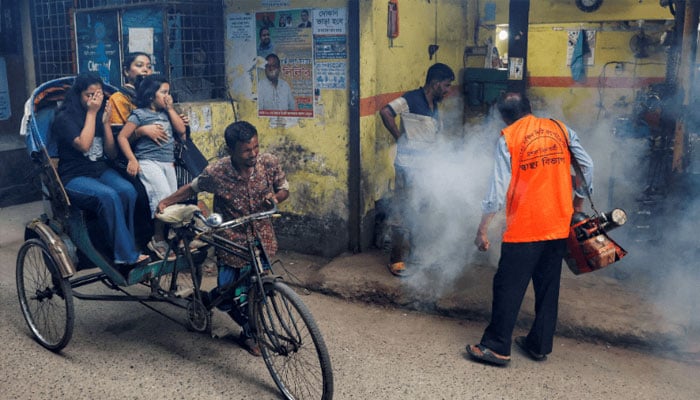 A city corporation worker sprays fumigator to control mosquitoes, as number of dengue infected patients increase, in Dhaka, Bangladesh on October 14, 2024. — Reuters/File