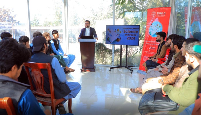 This representational image shows a participant giving a lecture on Science and Peace on November 18, 2024. — Facebook@ru.edu.af