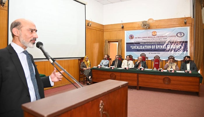 Participant speaks at an international awareness seminar on ‘Diagnosis and Treatment of Spinal Tumours’ organised by the Department of Neurosurgery at Fatima Jinnah Medical University on November 18, 2024. — Facebook@fjmuofficial