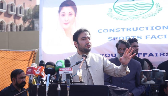 Punjab Minister for Youth Affairs Punjab Malik Faisal Ayub Khokhar talks to the media at the inauguration of a football stadium at Muridke on November 18, 2024. — Facebook@/mpafaisal161