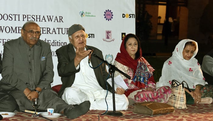 A poet reads poetry at an Urdu and Pashto Mushaira on November 18, 2024. — Facebook@Dosti Peshawar Women Literature Festival