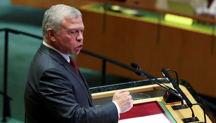 Jordans King Abdullah II ibn Al Hussein addresses the 79th United Nations General Assembly at UN headquarters in New York, US,on  September 24, 2024. — Reuters