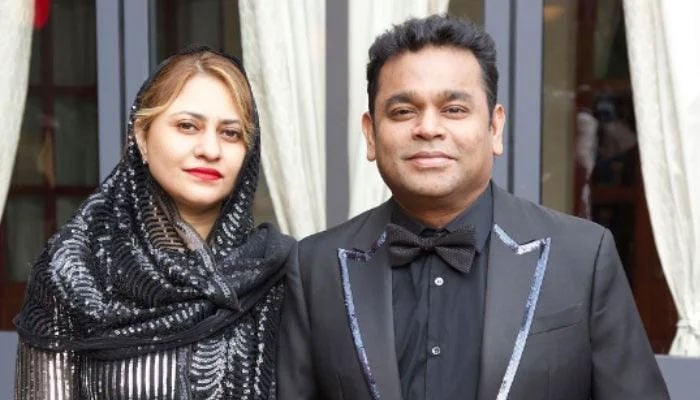 Saira Banu (left) and AR Rahman, standing together. —Instagram/@arrahman/file