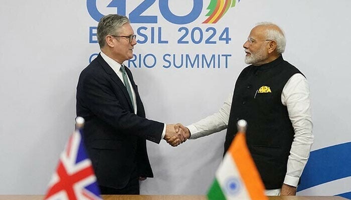 Britains Prime Minister Sir Keir Starmer attends a bilateral meeting with India’s Prime Minister Narendra Modi on the sidelines of the G20 summit at the Museum of Modern Art in Rio de Janeiro, Brazil on Nov 18, 2024. — Reuters