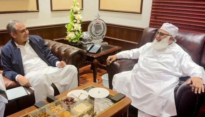 Interior Minister Mohsin Naqvi (left) exchanges views with Jamiat Ulema-e-Islam-Fazl (JUIF) Chief Maulana Fazlur Rehman at his residence on November 19, 2024. — Facebook@Ministry of Interior GoP