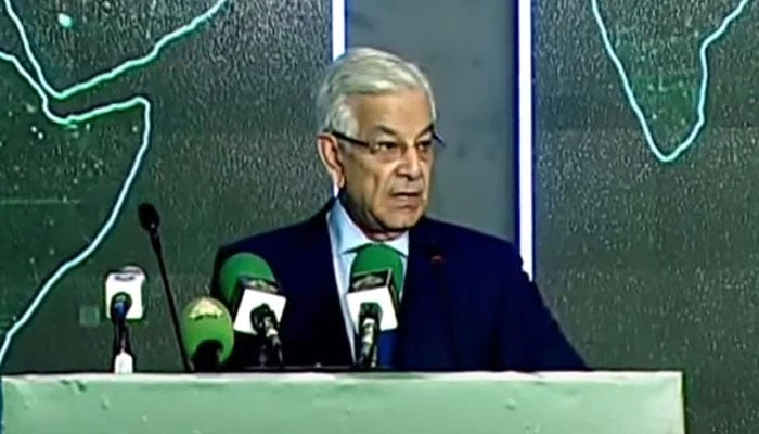 Defence Minister Khawaja Muhammad Asif addressing the inaugural ceremony of IDEAS 2024 in Karachi on November 19, 2024. — Radio Pakistan