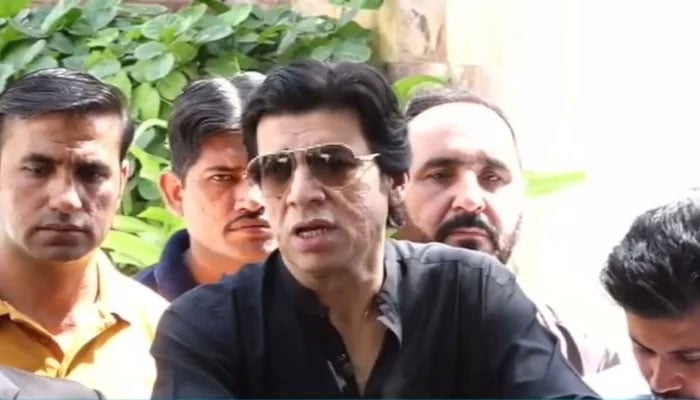 Senator Faisal Vawda is addressing media in Karachi on March 16, 2024. —Screengrab via YouTube/ Geo News