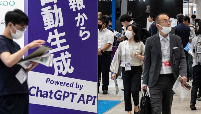 This file photo taken on May 10, 2023 shows visitors walking past a sign promoting ChatGPT. —AFP/file