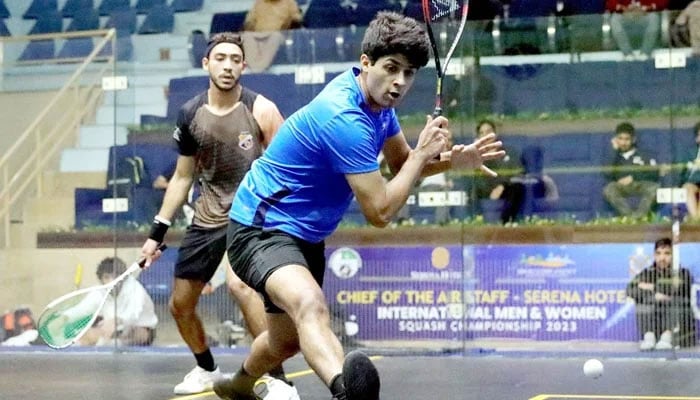 Players seen in action during CAS-Serena Hotels International Squash Championship for Men and Women organised by Pakistan Squash Federation in collaboration with PAF and Serena Hotels at Mushaf Squash Complex in Islamabad on December 2, 2023. — APP