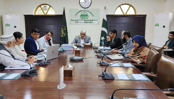 Punjab Health Minister Khawaja Salman Rafique chairs a meeting to review the financial affairs of medical universities in Punjab on November 20, 2024. — Screengrab via Facebook@SalmanRafiquePK