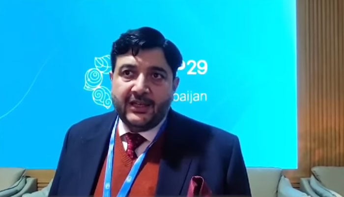 Punjab CBD Chairman Barrister Azfar Ali Nasir speaking to the media at the 29th Conference of Parties (COP29) in Baku, Azerbaijan on November 19, 2024. — Screengrab via Facebook@CBDPunjab