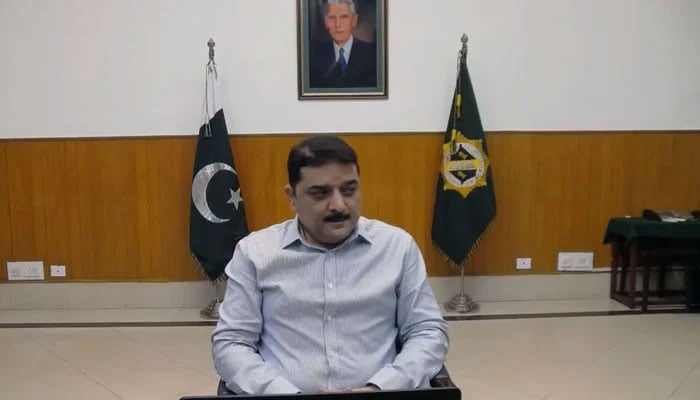 Pakistan Railways CEO Amir Ali Baloch speaks in an e-Kachehri (online meeting) on July 8, 2024. — Screengrab via Facebook@Pakistan Railways