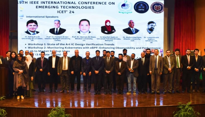 Participants pose for a group photo at the IEEE International Conference on Emerging Technologies (ICET) 2024 at GIKI on November 19, 2024. — Facebook@OfficialGIKI