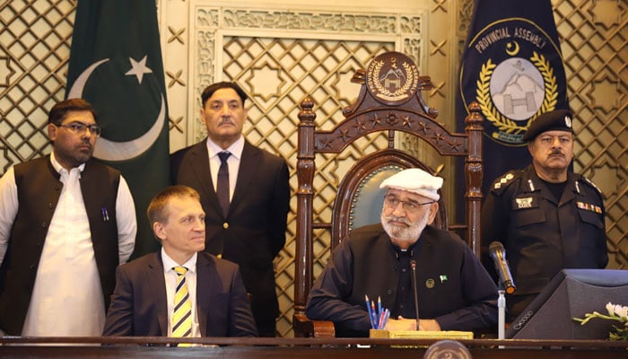 Speaker KP Assembly Babar Saleem Swati (2nd right) looks left during a parliamentary session for children organised by UNICEF in the KP Assembly on November 20, 2024. — Facebook@MPABabarSaleemSwati