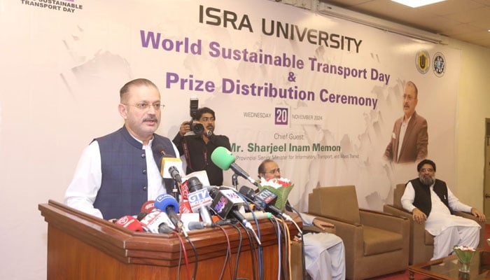 Sindh Senior Minister for Information and Transport Sharjeel Inam Memon addressing the inauguration ceremony entitled ‘World Sustainable Transport Day’ at Isra University on November 20, 2024. — Facebook@SharjeelInamMemon63