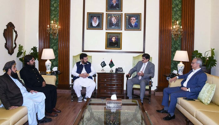 Sindh Chief Minister Syed Murad Ali Shah (right) exchanges views with Gilgit-Baltistan Chief Minister Haji Gulbar Khan during a meeting at CM House in Karachi on November 20, 2024. — PPI