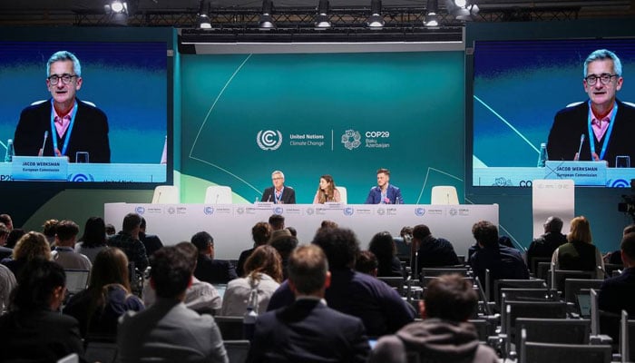 Veronika Bagi (right) head of the Hungarian Delegation at UNFCCC, and Jacob Werksman, head of the EU delegation to the UNFCCC, attend the United Nations Climate Change Conference (COP29), in Baku, Azerbaijan November 14, 2024. — Reuters