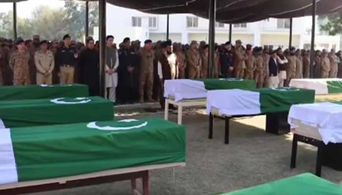 Pakistan Army officials and others offer funeral prayers of martyred soldiers on November 20, 2024. — Screengrab via Facebook@ISPROfficial1