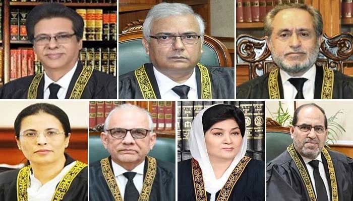 (Clockwise from top left) Collage shows Justice Muhammad Ali Mazhar, Justice Amin-ud-Din Khan, Justice Jamal Khan Mandokhail, Justice Ayesha A Malik, Justice Syed Hasan Azhar Rizvi, Justice Musarrat Hilali and Justice Naeem Afghan. — SC website/file