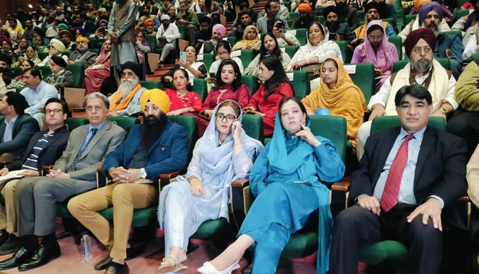 Punjab Minister for Information and Culture Azma Bokhari (3rd right) and Punjab Minister for Minority Affairs Ramesh Singh Arora (3rd (left) are attending the event titled ‘Sanjha Punjab’ at Alhamra on November 21, 2024. — Facebook@RameshSinghArora