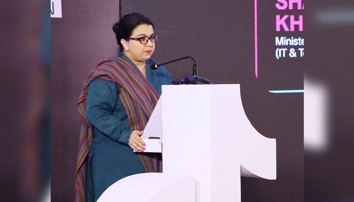 Minister of State for Information Technology and Telecommunication, Shaza Fatima Khawaja addresses the  Youth Safety Summit hosted by TikTok in collaboration with the PTA on November 21, 2024. — APP