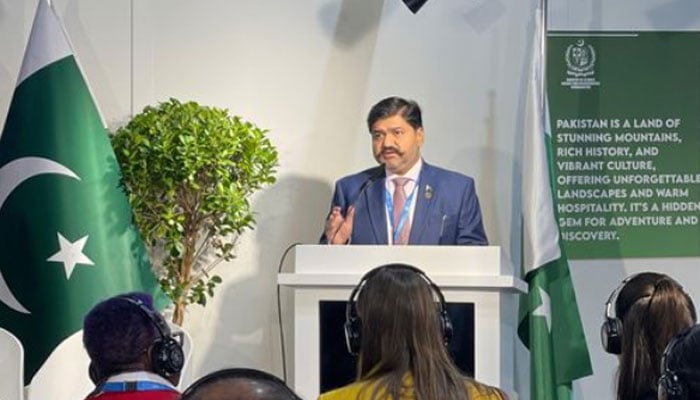 Chairman PRCS, Sardar Shahid Ahmed Laghari addresses an event hosted in the Pakistan Pavilion during the 29th Conference of the Parties (COP29) in Baku, Azerbaijan on November 20, 2024. — Instagram@sardarshahidlaghari1